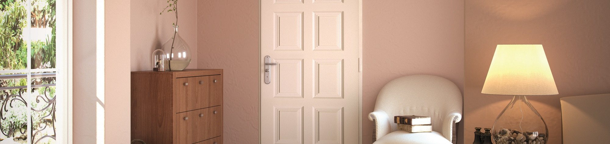 Une porte d’entrée dans un intérieur lumineux, visuel de présentation produit